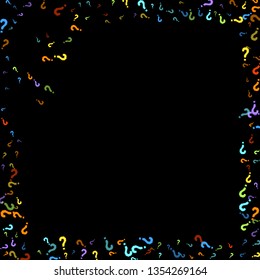 Question marks scattered on black background. Quiz, doubt, poll, survey, faq, interrogation, query background. Multicolored template for opinion poll, public poll. Rainbow color. Vector illustration.