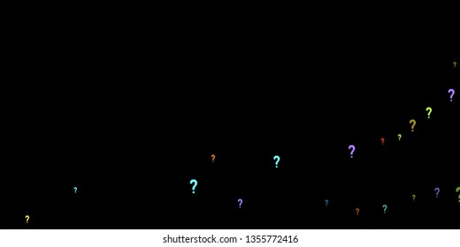 Question marks scattered on black background. Quiz, doubt, poll, survey, faq, interrogation, query background. Multicolored template for opinion poll, public poll. Rainbow color. Vector illustration.