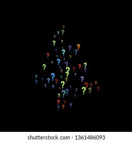 Question marks scattered on black background. Quiz, doubt, poll, survey, faq, interrogation, query background. Multicolored template for opinion poll, public poll. Rainbow color. Vector illustration.