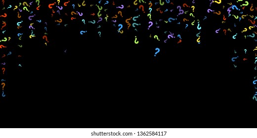 Question marks scattered on black background. Quiz, doubt, poll, survey, faq, interrogation, query background. Multicolored template for opinion poll, public poll. Rainbow color. Vector illustration.