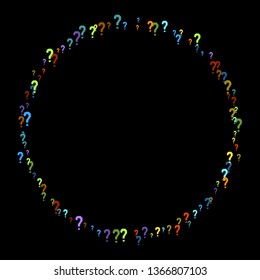 Question marks scattered on black background. Quiz, doubt, poll, survey, faq, interrogation, query background. Multicolored template for opinion poll, public poll. Rainbow color. Vector illustration.