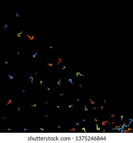 Question marks scattered on black background. Quiz, doubt, poll, survey, faq, interrogation, query background. Multicolored template for opinion poll, public poll. Rainbow color. Vector illustration.