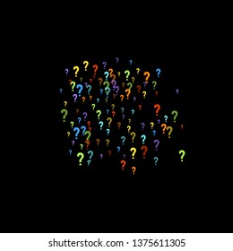 Question marks scattered on black background. Quiz, doubt, poll, survey, faq, interrogation, query background. Multicolored template for opinion poll, public poll. Rainbow color. Vector illustration.