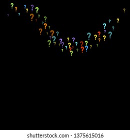 Question marks scattered on black background. Quiz, doubt, poll, survey, faq, interrogation, query background. Multicolored template for opinion poll, public poll. Rainbow color. Vector illustration.