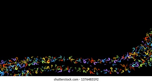 Question marks scattered on black background. Quiz, doubt, poll, survey, faq, interrogation, query background. Multicolored template for opinion poll, public poll. Rainbow color. Vector illustration.