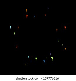 Question marks scattered on black background. Quiz, doubt, poll, survey, faq, interrogation, query background. Multicolored template for opinion poll, public poll. Rainbow color. Vector illustration.