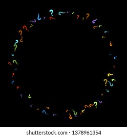 Question marks scattered on black background. Quiz, doubt, poll, survey, faq, interrogation, query background. Multicolored template for opinion poll, public poll. Rainbow color. Vector illustration.