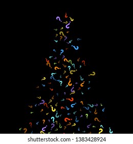 Question marks scattered on black background. Quiz, doubt, poll, survey, faq, interrogation, query background. Multicolored template for opinion poll, public poll. Rainbow color. Vector illustration.