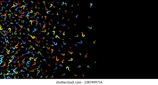 Question marks scattered on black background. Quiz, doubt, poll, survey, faq, interrogation, query background. Multicolored template for opinion poll, public poll. Rainbow color. Vector illustration.