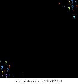 Question marks scattered on black background. Quiz, doubt, poll, survey, faq, interrogation, query background. Multicolored template for opinion poll, public poll. Rainbow color. Vector illustration.