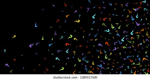 Question marks scattered on black background. Quiz, doubt, poll, survey, faq, interrogation, query background. Multicolored template for opinion poll, public poll. Rainbow color. Vector illustration.