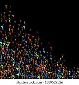 Question marks scattered on black background. Quiz, doubt, poll, survey, faq, interrogation, query background. Multicolored template for opinion poll, public poll. Rainbow color. Vector illustration.