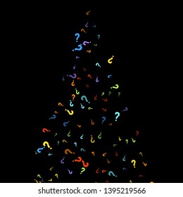Question marks scattered on black background. Quiz, doubt, poll, survey, faq, interrogation, query background. Multicolored template for opinion poll, public poll. Rainbow color. Vector illustration.