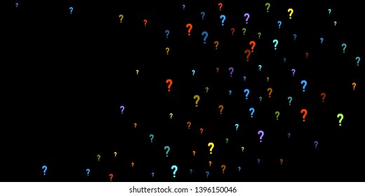 Question marks scattered on black background. Quiz, doubt, poll, survey, faq, interrogation, query background. Multicolored template for opinion poll, public poll. Rainbow color. Vector illustration.