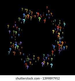 Question marks scattered on black background. Quiz, doubt, poll, survey, faq, interrogation, query background. Multicolored template for opinion poll, public poll. Rainbow color. Vector illustration.