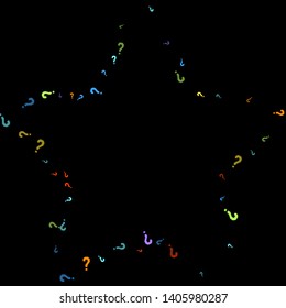 Question marks scattered on black background. Quiz, doubt, poll, survey, faq, interrogation, query background. Multicolored template for opinion poll, public poll. Rainbow color. Vector illustration.