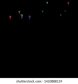 Question marks scattered on black background. Quiz, doubt, poll, survey, faq, interrogation, query background. Multicolored template for opinion poll, public poll. Rainbow color. Vector illustration.