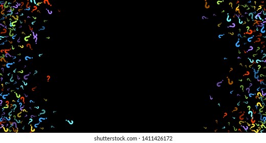 Question marks scattered on black background. Quiz, doubt, poll, survey, faq, interrogation, query background. Multicolored template for opinion poll, public poll. Rainbow color. Vector illustration.