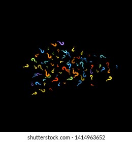 Question marks scattered on black background. Quiz, doubt, poll, survey, faq, interrogation, query background. Multicolored template for opinion poll, public poll. Rainbow color. Vector illustration.