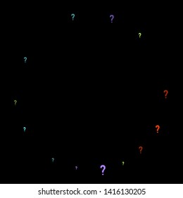 Question marks scattered on black background. Quiz, doubt, poll, survey, faq, interrogation, query background. Multicolored template for opinion poll, public poll. Rainbow color. Vector illustration.