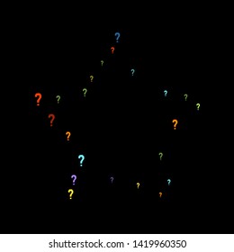 Question marks scattered on black background. Quiz, doubt, poll, survey, faq, interrogation, query background. Multicolored template for opinion poll, public poll. Rainbow color. Vector illustration.