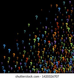 Question marks scattered on black background. Quiz, doubt, poll, survey, faq, interrogation, query background. Multicolored template for opinion poll, public poll. Rainbow color. Vector illustration.
