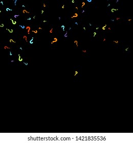 Question marks scattered on black background. Quiz, doubt, poll, survey, faq, interrogation, query background. Multicolored template for opinion poll, public poll. Rainbow color. Vector illustration.