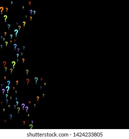 Question marks scattered on black background. Quiz, doubt, poll, survey, faq, interrogation, query background. Multicolored template for opinion poll, public poll. Rainbow color. Vector illustration.
