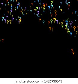 Question marks scattered on black background. Quiz, doubt, poll, survey, faq, interrogation, query background. Multicolored template for opinion poll, public poll. Rainbow color. Vector illustration.