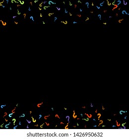 Question marks scattered on black background. Quiz, doubt, poll, survey, faq, interrogation, query background. Multicolored template for opinion poll, public poll. Rainbow color. Vector illustration.