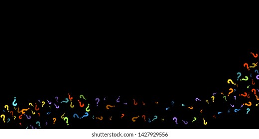 Question marks scattered on black background. Quiz, doubt, poll, survey, faq, interrogation, query background. Multicolored template for opinion poll, public poll. Rainbow color. Vector illustration.