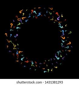 Question marks scattered on black background. Quiz, doubt, poll, survey, faq, interrogation, query background. Multicolored template for opinion poll, public poll. Rainbow color. Vector illustration.