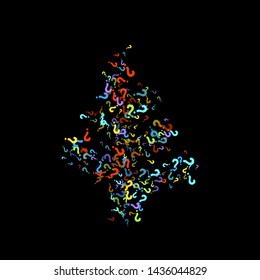 Question marks scattered on black background. Quiz, doubt, poll, survey, faq, interrogation, query background. Multicolored template for opinion poll, public poll. Rainbow color. Vector illustration.