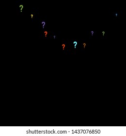 Question marks scattered on black background. Quiz, doubt, poll, survey, faq, interrogation, query background. Multicolored template for opinion poll, public poll. Rainbow color. Vector illustration.