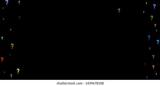 Question marks scattered on black background. Quiz, doubt, poll, survey, faq, interrogation, query background. Multicolored template for opinion poll, public poll. Rainbow color. Vector illustration.