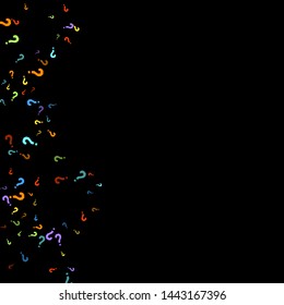 Question marks scattered on black background. Quiz, doubt, poll, survey, faq, interrogation, query background. Multicolored template for opinion poll, public poll. Rainbow color. Vector illustration.