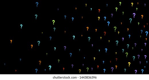 Question marks scattered on black background. Quiz, doubt, poll, survey, faq, interrogation, query background. Multicolored template for opinion poll, public poll. Rainbow color. Vector illustration.