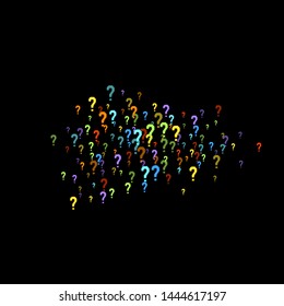 Question marks scattered on black background. Quiz, doubt, poll, survey, faq, interrogation, query background. Multicolored template for opinion poll, public poll. Rainbow color. Vector illustration.