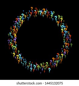 Question marks scattered on black background. Quiz, doubt, poll, survey, faq, interrogation, query background. Multicolored template for opinion poll, public poll. Rainbow color. Vector illustration.