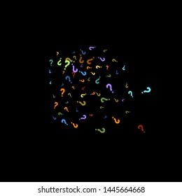 Question marks scattered on black background. Quiz, doubt, poll, survey, faq, interrogation, query background. Multicolored template for opinion poll, public poll. Rainbow color. Vector illustration.