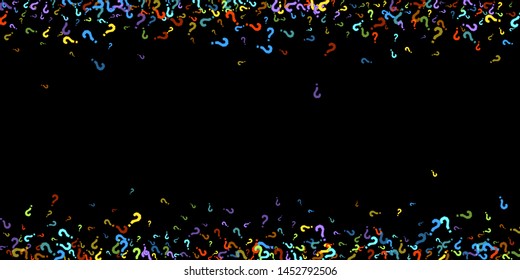 Question marks scattered on black background. Quiz, doubt, poll, survey, faq, interrogation, query background. Multicolored template for opinion poll, public poll. Rainbow color. Vector illustration.