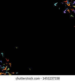 Question marks scattered on black background. Quiz, doubt, poll, survey, faq, interrogation, query background. Multicolored template for opinion poll, public poll. Rainbow color. Vector illustration.