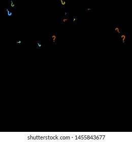 Question marks scattered on black background. Quiz, doubt, poll, survey, faq, interrogation, query background. Multicolored template for opinion poll, public poll. Rainbow color. Vector illustration.