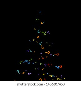 Question marks scattered on black background. Quiz, doubt, poll, survey, faq, interrogation, query background. Multicolored template for opinion poll, public poll. Rainbow color. Vector illustration.