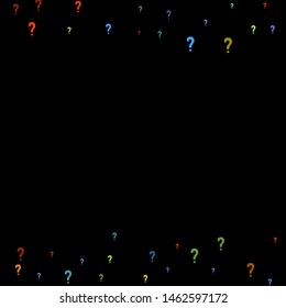 Question marks scattered on black background. Quiz, doubt, poll, survey, faq, interrogation, query background. Multicolored template for opinion poll, public poll. Rainbow color. Vector illustration.