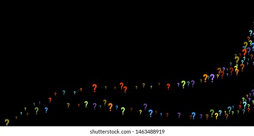 Question marks scattered on black background. Quiz, doubt, poll, survey, faq, interrogation, query background. Multicolored template for opinion poll, public poll. Rainbow color. Vector illustration.