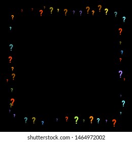 Question marks scattered on black background. Quiz, doubt, poll, survey, faq, interrogation, query background. Multicolored template for opinion poll, public poll. Rainbow color. Vector illustration.