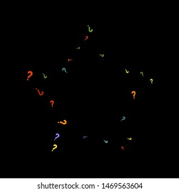 Question marks scattered on black background. Quiz, doubt, poll, survey, faq, interrogation, query background. Multicolored template for opinion poll, public poll. Rainbow color. Vector illustration.