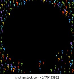 Question marks scattered on black background. Quiz, doubt, poll, survey, faq, interrogation, query background. Multicolored template for opinion poll, public poll. Rainbow color. Vector illustration.