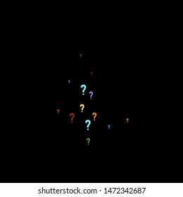Question marks scattered on black background. Quiz, doubt, poll, survey, faq, interrogation, query background. Multicolored template for opinion poll, public poll. Rainbow color. Vector illustration.